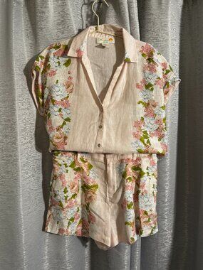 C&C California 100% Linen Floral Button Front Top & Shorts Set Size Small
